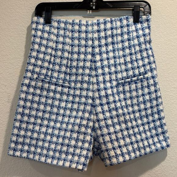 Zara Blue White Houndstooth Plaid Tweed Pull On Shorts Size S - Picture 1 of 4